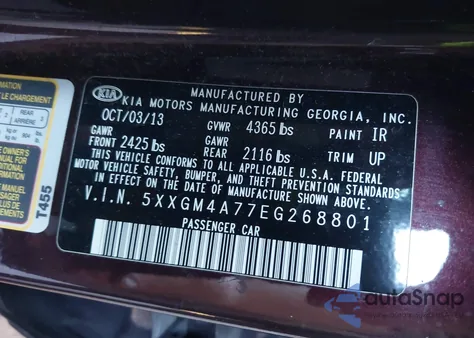 2014 Kia Optima Lx z USA, uszkodzony, nr VIN 5XXGM4A77EG268801